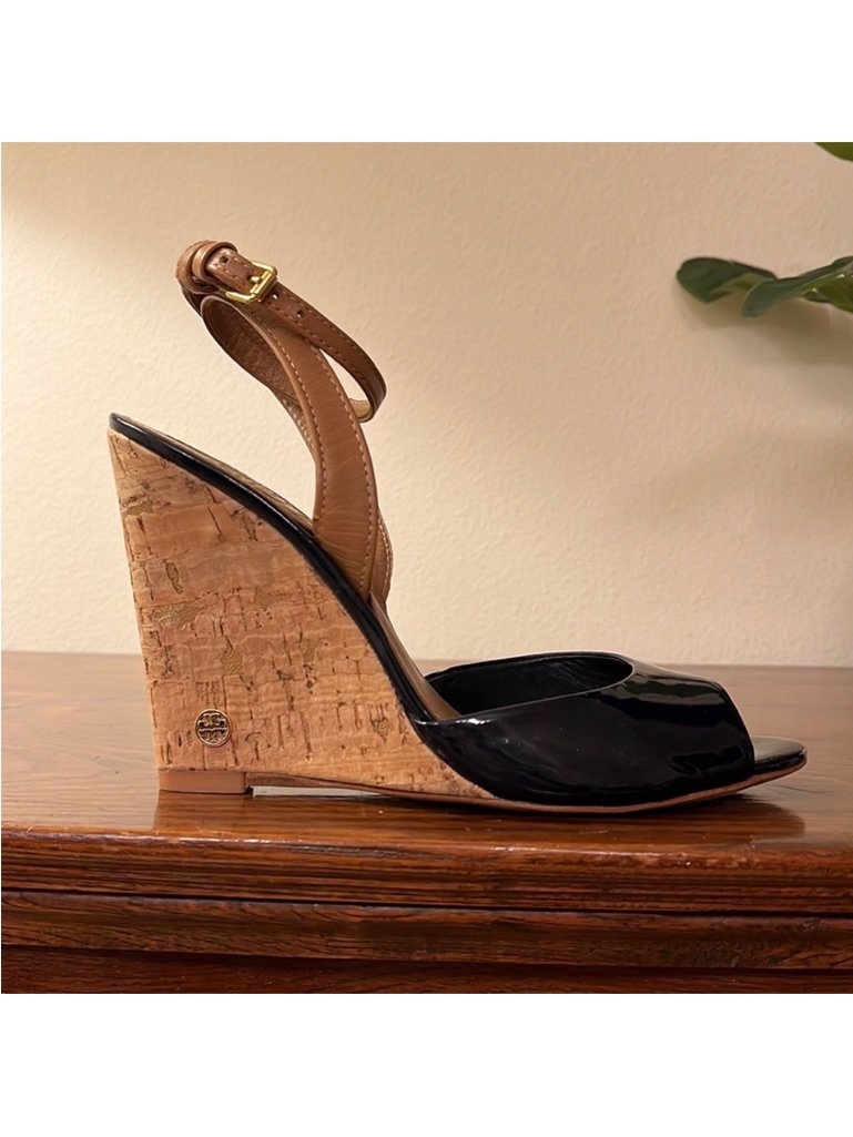 Tory Burch Blue Patent Leather Ashton Cork Wedges